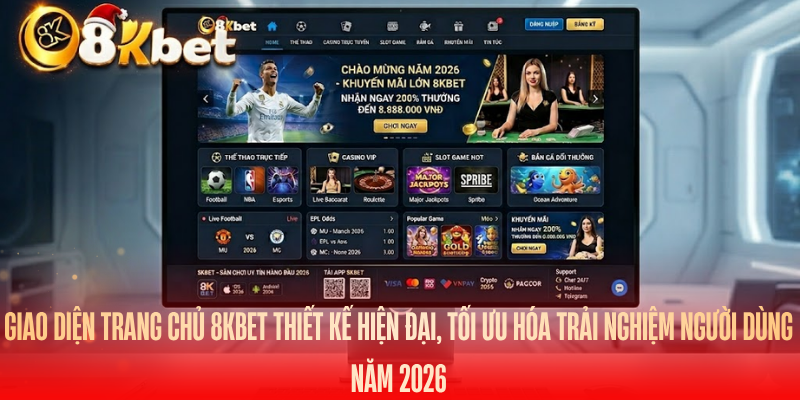 Giao diện trang chủ 8KBET thiết kế hiện đại, tối ưu hóa trải nghiệm người dùng năm 2026
